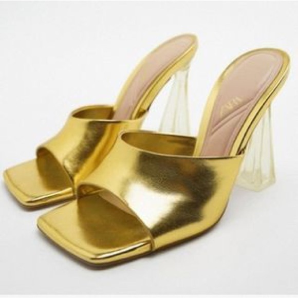 NWOT. Zara Gold Methacrylate High Heel Open Square Toe Mules. Size 7,5. - Picture 5 of 8